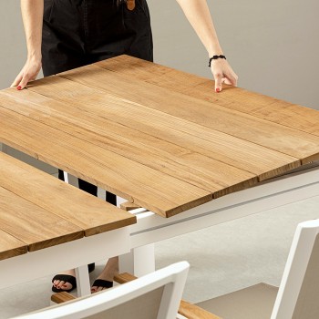 Tavolo Cameron bianco e teak da 253 allung. 384x110