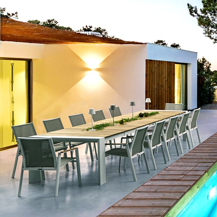 Tavolo Cameron bianco e teak da 253 allung. 384x110